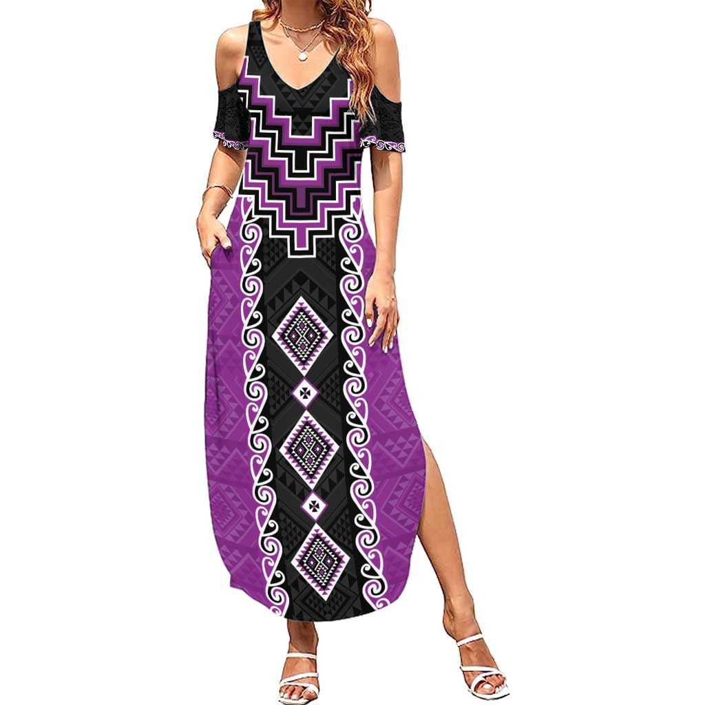 Purple Niho Taniwha Mix Poutama Family Matching Summer Maxi Dress and Hawaiian Shirt Unique Taniko Aotearoa