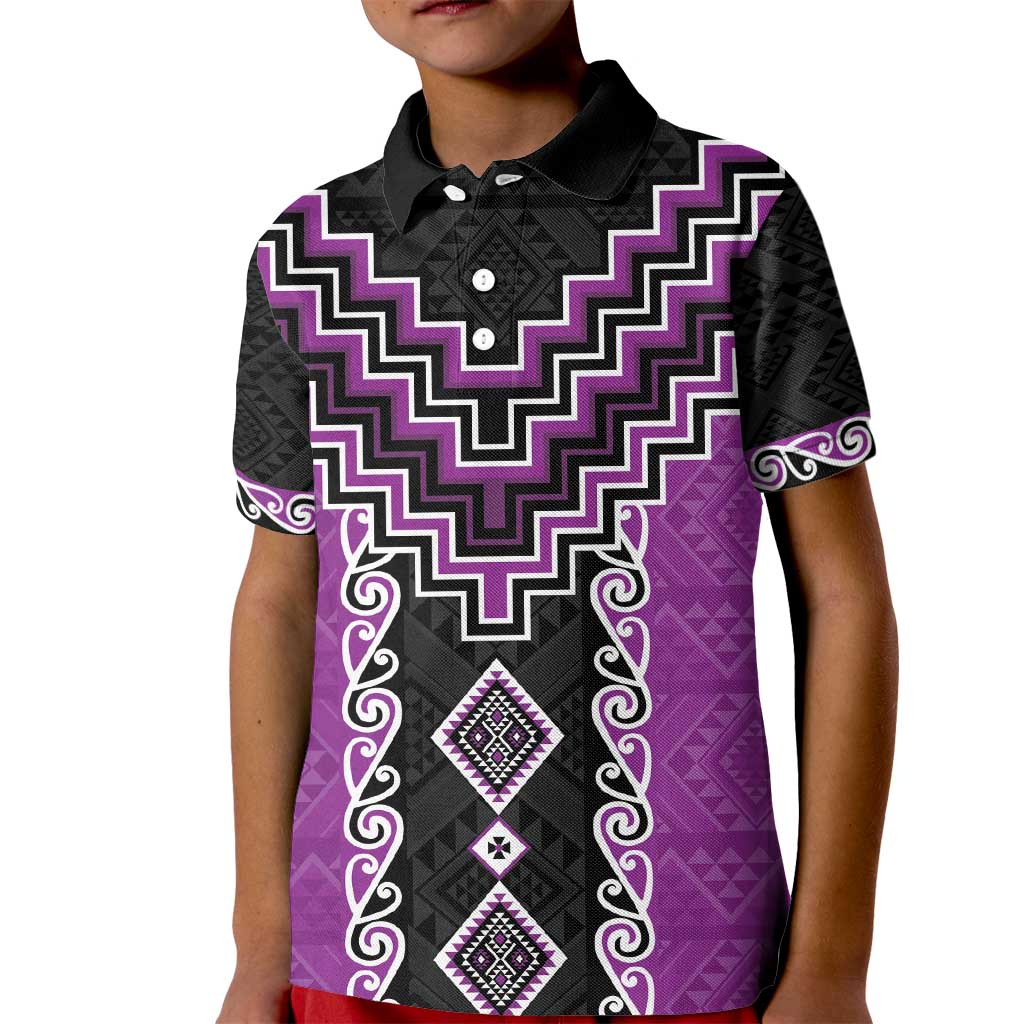 Purple Niho Taniwha Mix Poutama Kid Polo Shirt Unique Taniko Aotearoa LT01 Kid Purple - Polynesian Pride