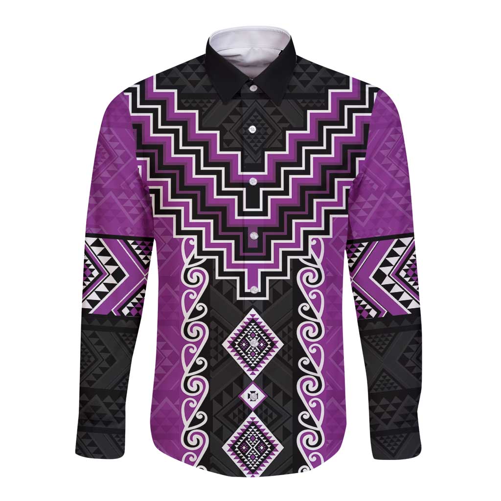 Purple Niho Taniwha Mix Poutama Long Sleeve Button Shirt Unique Taniko Aotearoa LT01 Unisex Purple - Polynesian Pride