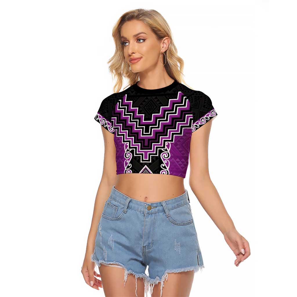 Purple Niho Taniwha Mix Poutama Raglan Cropped T Shirt Unique Taniko Aotearoa LT01 Female Purple - Polynesian Pride