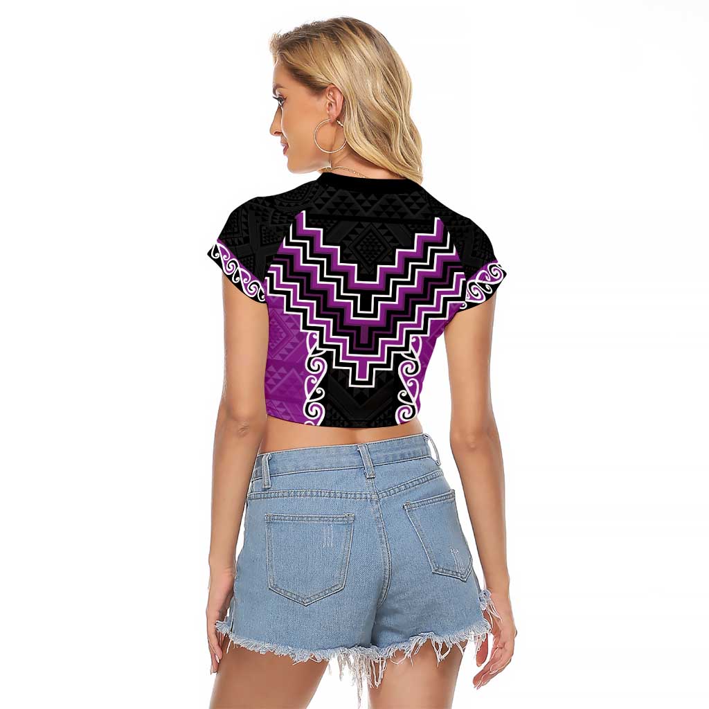 Purple Niho Taniwha Mix Poutama Raglan Cropped T Shirt Unique Taniko Aotearoa LT01 - Polynesian Pride