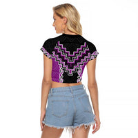 Purple Niho Taniwha Mix Poutama Raglan Cropped T Shirt Unique Taniko Aotearoa LT01 - Polynesian Pride