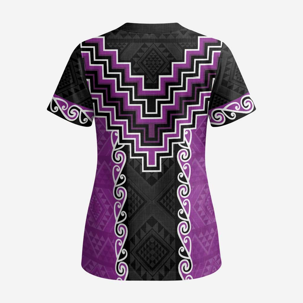 Purple Niho Taniwha Mix Poutama Scrub Top Unique Taniko Aotearoa - Polynesian Pride