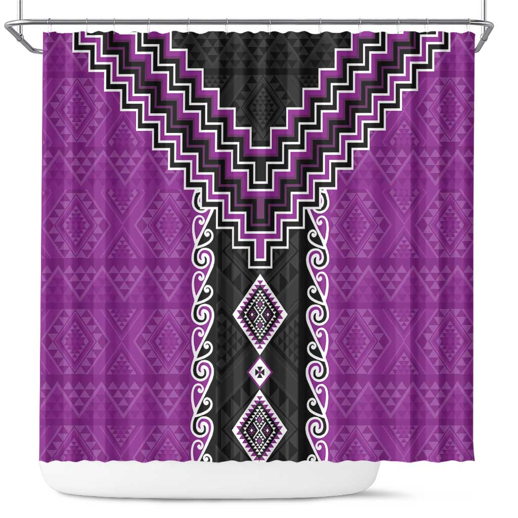 Purple Niho Taniwha Mix Poutama Shower Curtain Unique Taniko Aotearoa