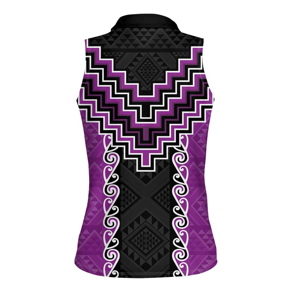 Purple Niho Taniwha Mix Poutama Women Sleeveless Polo Shirt Unique Taniko Aotearoa LT01 - Polynesian Pride