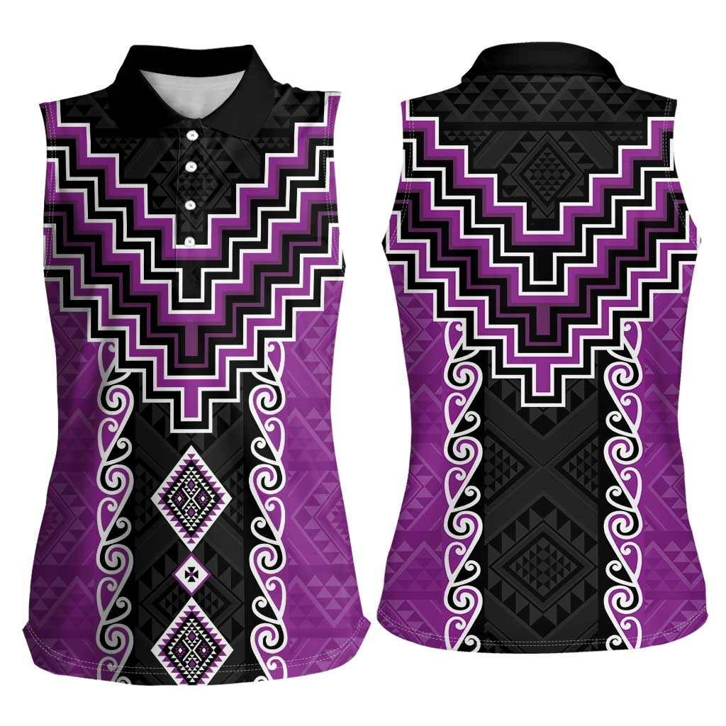 Purple Niho Taniwha Mix Poutama Women Sleeveless Polo Shirt Unique Taniko Aotearoa LT01 - Polynesian Pride