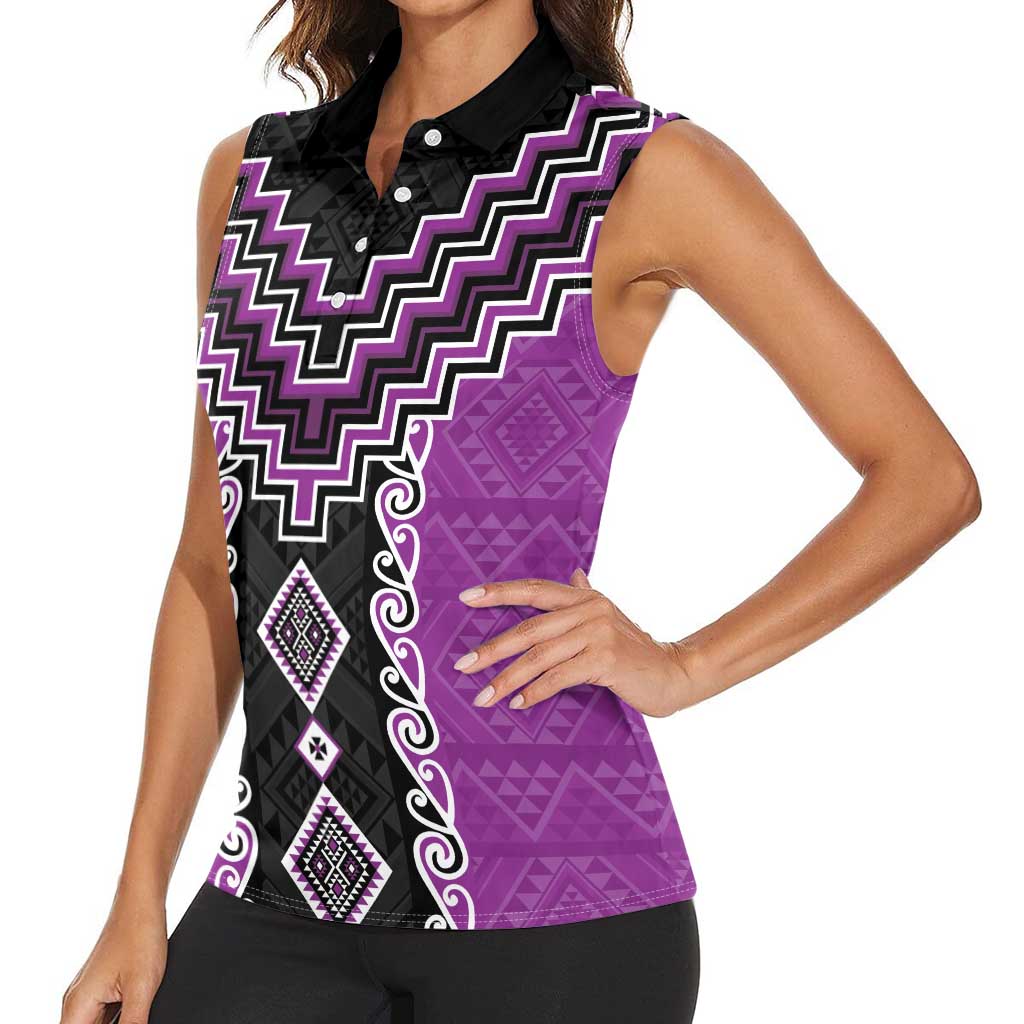 Purple Niho Taniwha Mix Poutama Women Sleeveless Polo Shirt Unique Taniko Aotearoa LT01 - Polynesian Pride