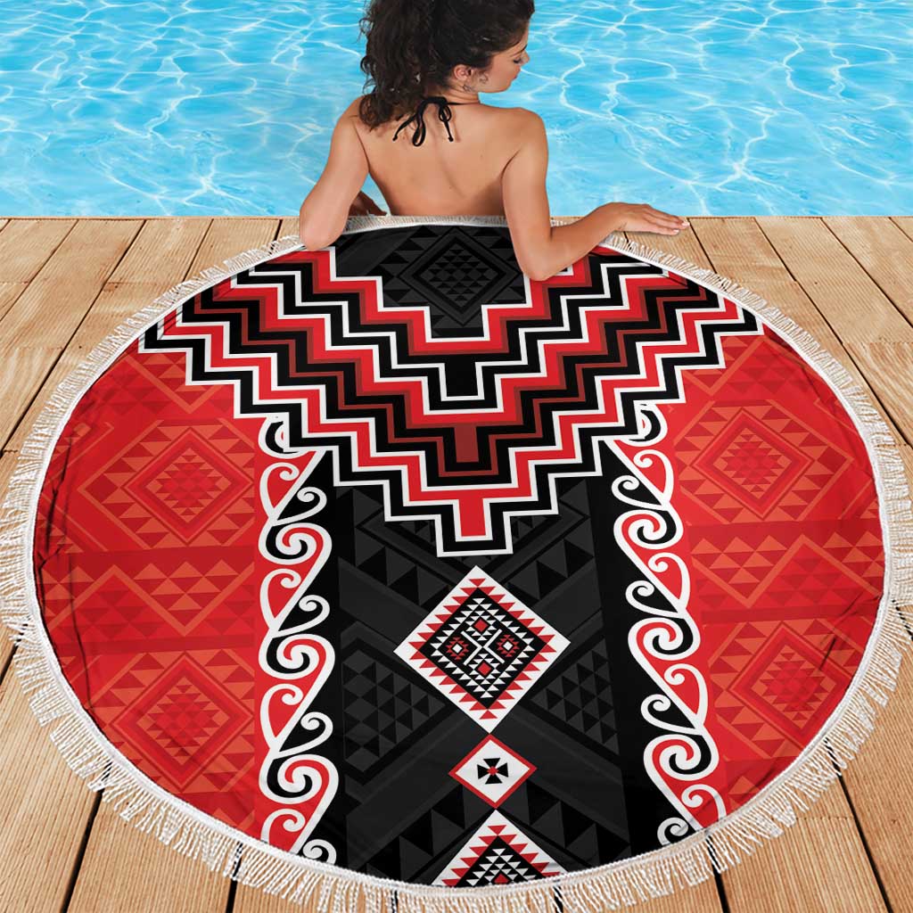 Red Niho Taniwha Mix Poutama Beach Blanket Unique Taniko Aotearoa