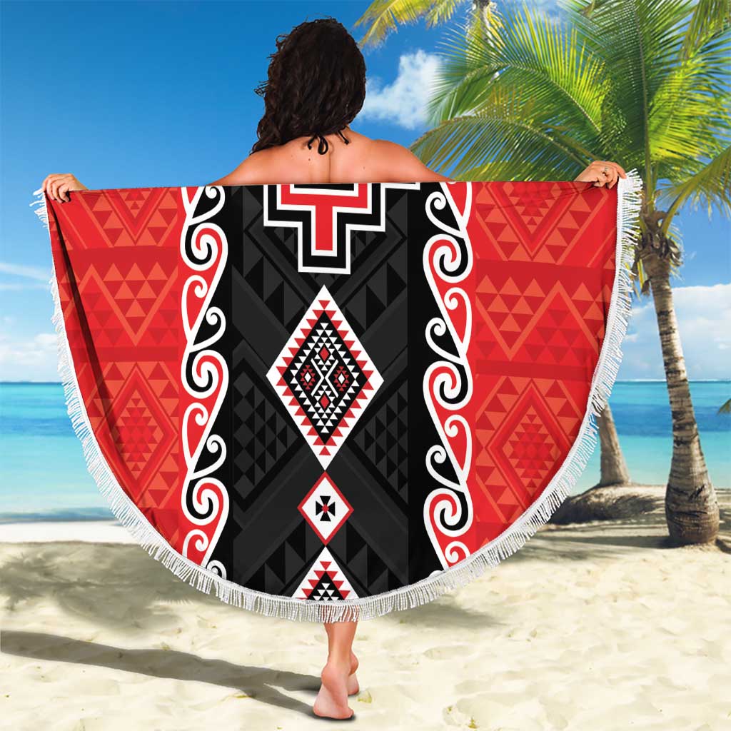 Red Niho Taniwha Mix Poutama Beach Blanket Unique Taniko Aotearoa