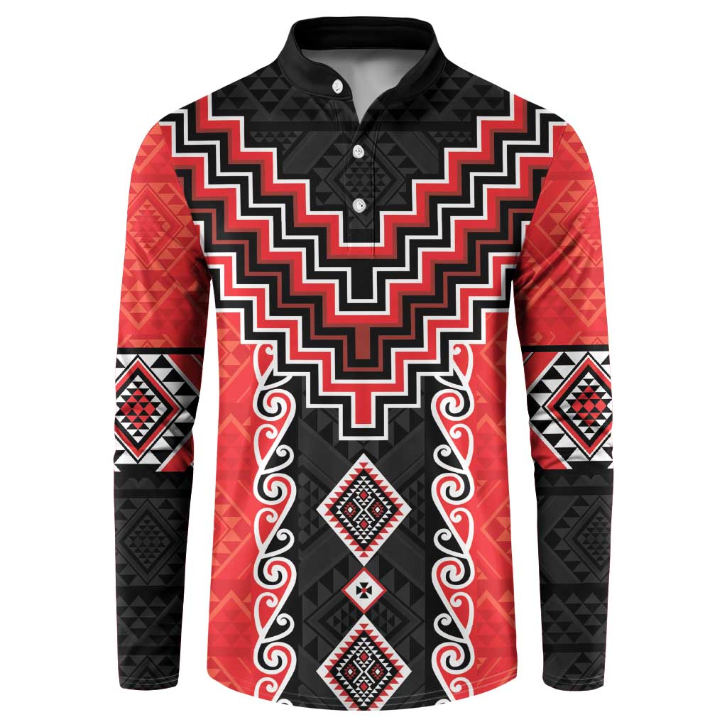 Red Niho Taniwha Mix Poutama Button Sweatshirt Unique Taniko Aotearoa