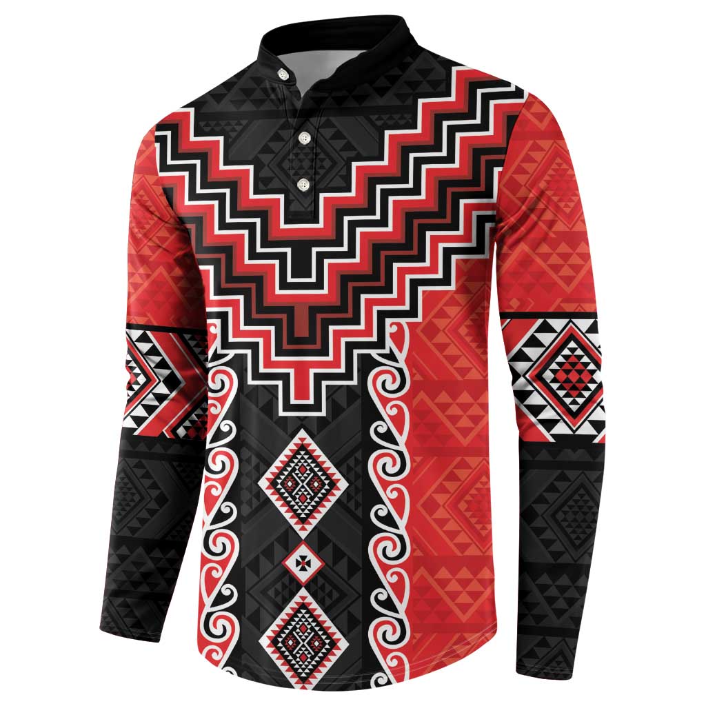 Red Niho Taniwha Mix Poutama Button Sweatshirt Unique Taniko Aotearoa