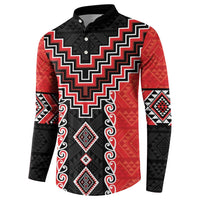 Red Niho Taniwha Mix Poutama Button Sweatshirt Unique Taniko Aotearoa