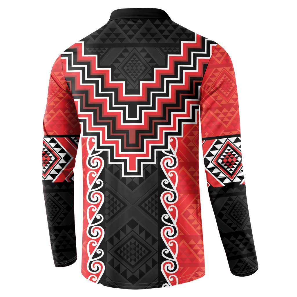 Red Niho Taniwha Mix Poutama Button Sweatshirt Unique Taniko Aotearoa