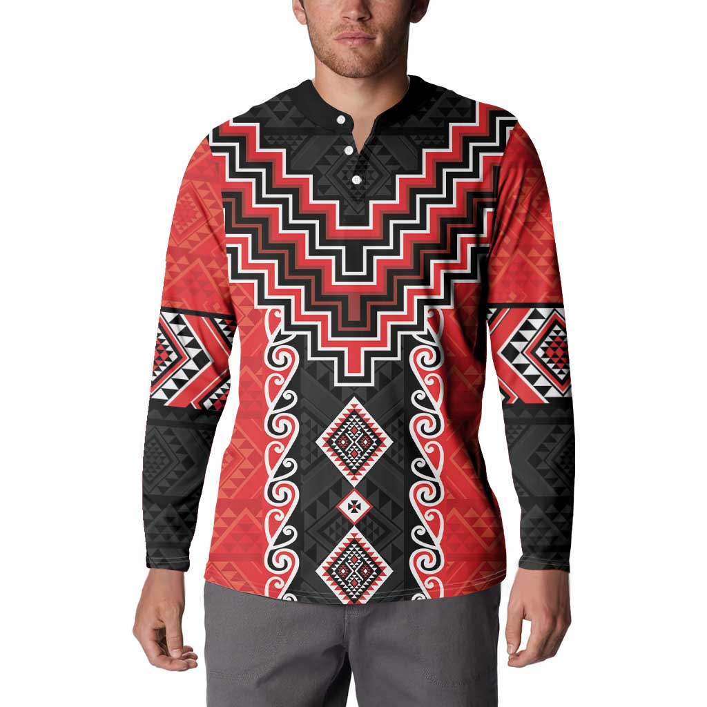 Red Niho Taniwha Mix Poutama Button Sweatshirt Unique Taniko Aotearoa