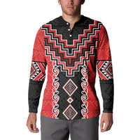 Red Niho Taniwha Mix Poutama Button Sweatshirt Unique Taniko Aotearoa