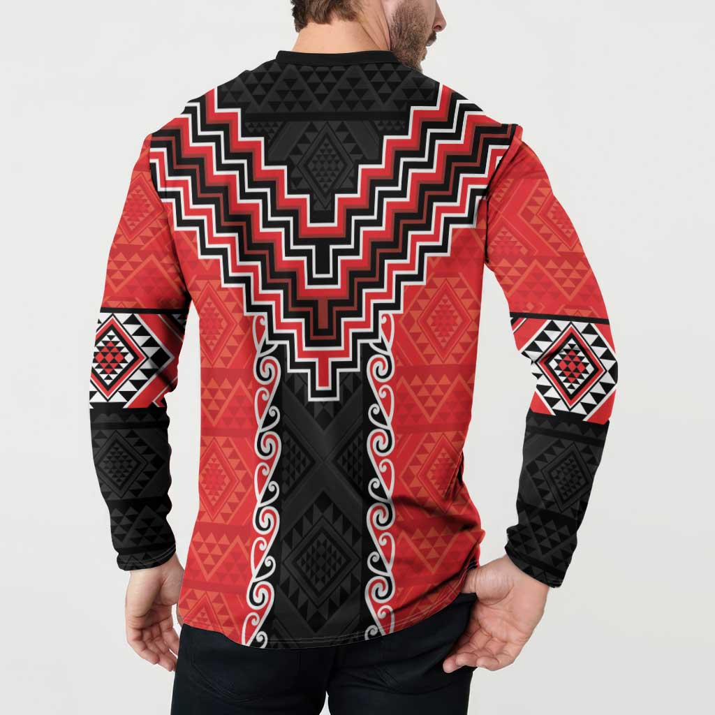 Red Niho Taniwha Mix Poutama Button Sweatshirt Unique Taniko Aotearoa