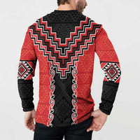 Red Niho Taniwha Mix Poutama Button Sweatshirt Unique Taniko Aotearoa