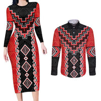 Red Niho Taniwha Mix Poutama Couples Matching Long Sleeve Bodycon Dress and Long Sleeve Button Shirt Unique Taniko Aotearoa LT01 Red - Polynesian Pride