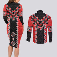 Red Niho Taniwha Mix Poutama Couples Matching Long Sleeve Bodycon Dress and Long Sleeve Button Shirt Unique Taniko Aotearoa LT01 - Polynesian Pride