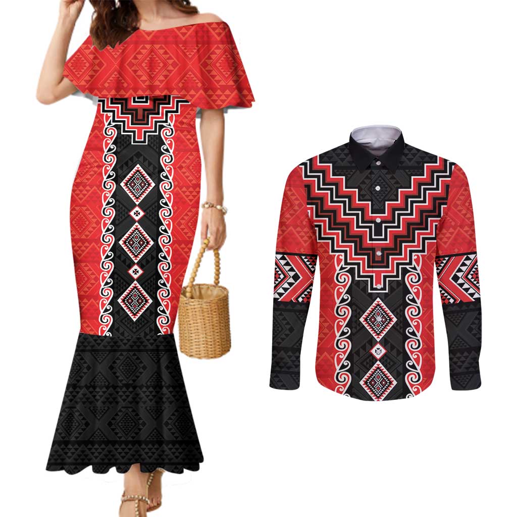 Red Niho Taniwha Mix Poutama Couples Matching Mermaid Dress and Long Sleeve Button Shirt Unique Taniko Aotearoa LT01 Red - Polynesian Pride