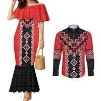 Red Niho Taniwha Mix Poutama Couples Matching Mermaid Dress and Long Sleeve Button Shirt Unique Taniko Aotearoa LT01 Red - Polynesian Pride