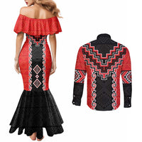 Red Niho Taniwha Mix Poutama Couples Matching Mermaid Dress and Long Sleeve Button Shirt Unique Taniko Aotearoa LT01 - Polynesian Pride