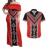 Red Niho Taniwha Mix Poutama Couples Matching Off Shoulder Maxi Dress and Hawaiian Shirt Unique Taniko Aotearoa LT01 Red - Polynesian Pride