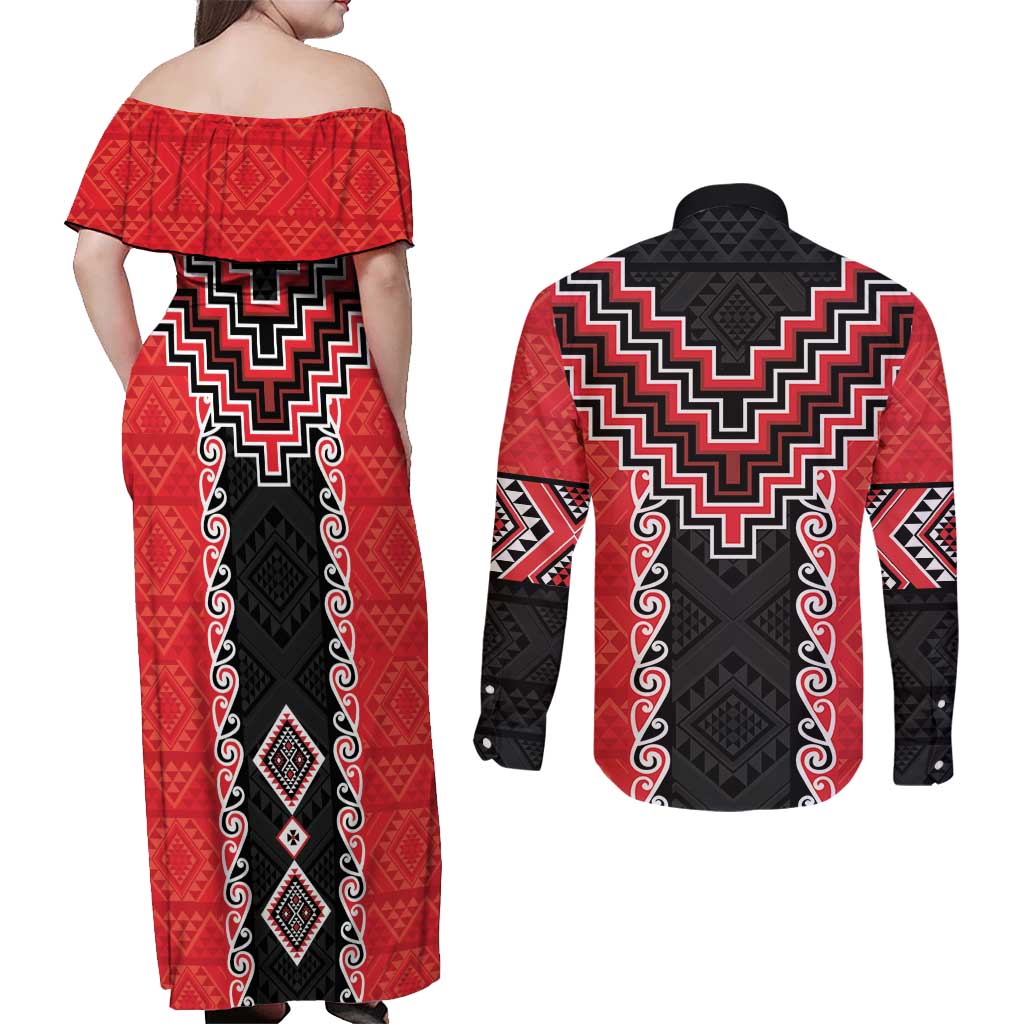 Red Niho Taniwha Mix Poutama Couples Matching Off Shoulder Maxi Dress and Long Sleeve Button Shirt Unique Taniko Aotearoa
