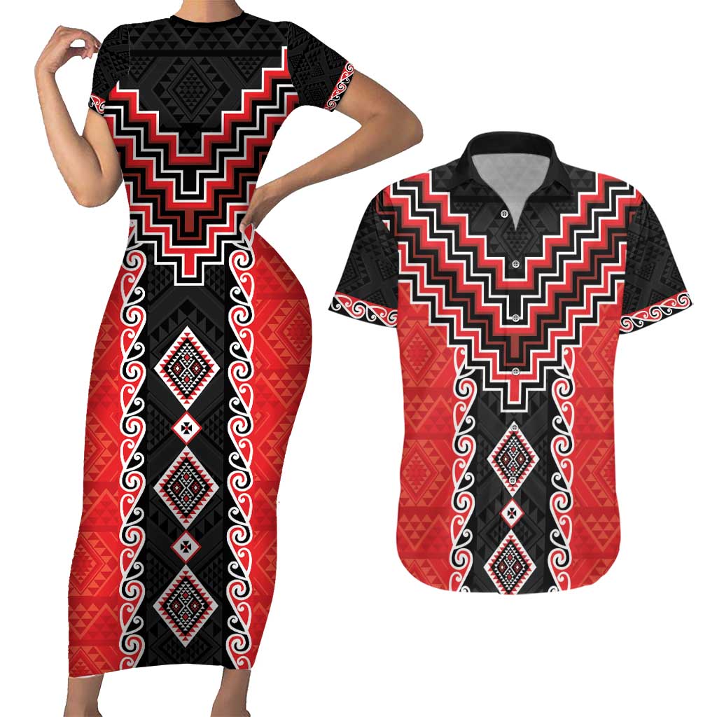 Red Niho Taniwha Mix Poutama Couples Matching Short Sleeve Bodycon Dress and Hawaiian Shirt Unique Taniko Aotearoa LT01 Red - Polynesian Pride