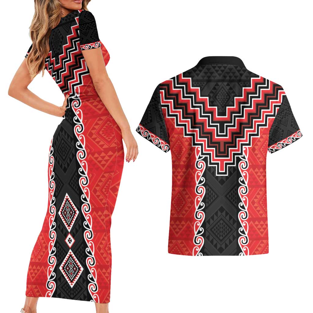Red Niho Taniwha Mix Poutama Couples Matching Short Sleeve Bodycon Dress and Hawaiian Shirt Unique Taniko Aotearoa LT01 - Polynesian Pride