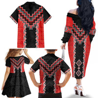 Red Niho Taniwha Mix Poutama Family Matching Off The Shoulder Long Sleeve Dress and Hawaiian Shirt Unique Taniko Aotearoa
