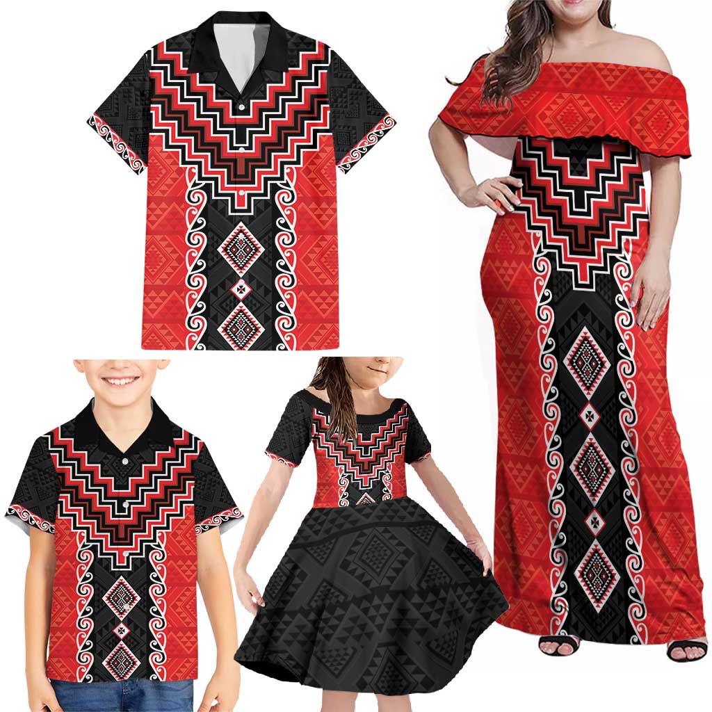 Red Niho Taniwha Mix Poutama Family Matching Off Shoulder Maxi Dress and Hawaiian Shirt Unique Taniko Aotearoa LT01 - Polynesian Pride