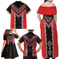 Red Niho Taniwha Mix Poutama Family Matching Off Shoulder Maxi Dress and Hawaiian Shirt Unique Taniko Aotearoa LT01 - Polynesian Pride