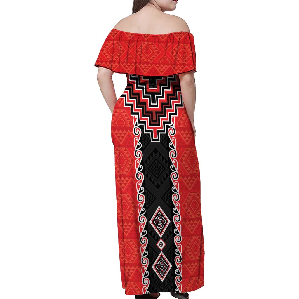 Red Niho Taniwha Mix Poutama Family Matching Off Shoulder Maxi Dress and Hawaiian Shirt Unique Taniko Aotearoa LT01 - Polynesian Pride