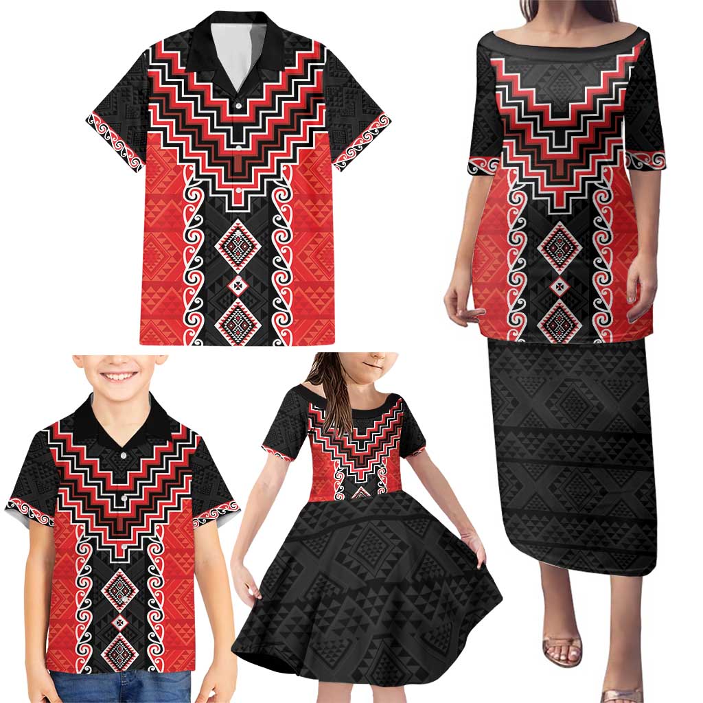 Red Niho Taniwha Mix Poutama Family Matching Puletasi and Hawaiian Shirt Unique Taniko Aotearoa LT01 - Polynesian Pride