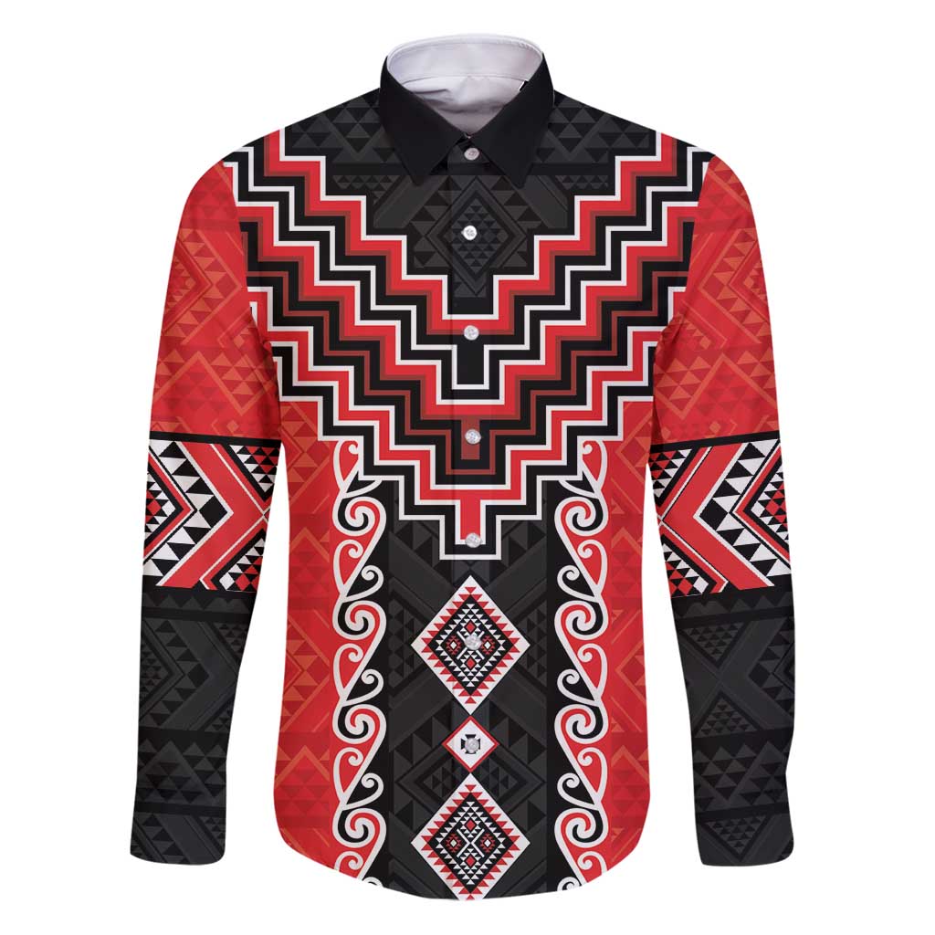 Red Niho Taniwha Mix Poutama Family Matching Puletasi and Hawaiian Shirt Unique Taniko Aotearoa LT01 Dad's Shirt - Long Sleeve Red - Polynesian Pride
