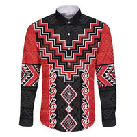 Red Niho Taniwha Mix Poutama Family Matching Puletasi and Hawaiian Shirt Unique Taniko Aotearoa LT01 Dad's Shirt - Long Sleeve Red - Polynesian Pride