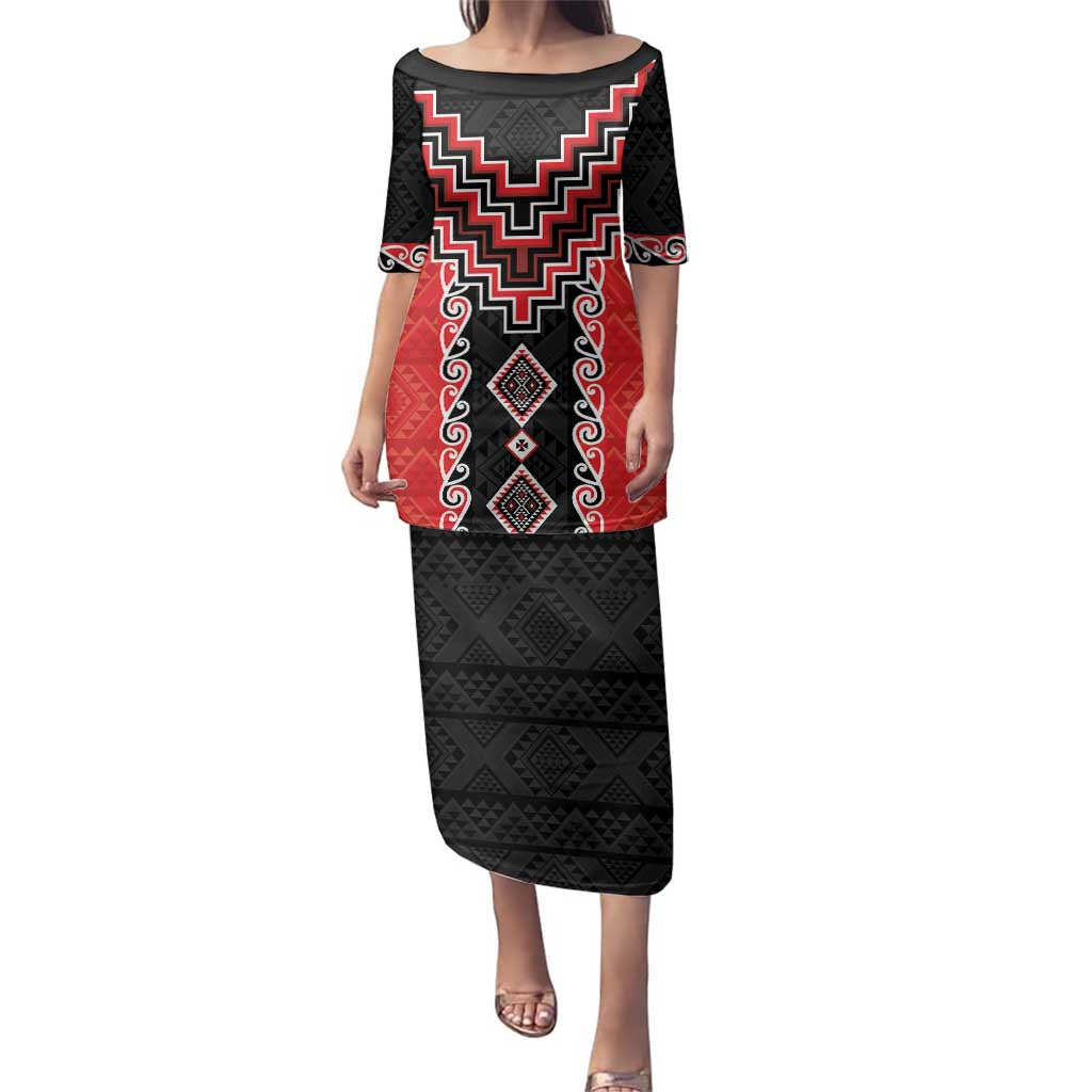 Red Niho Taniwha Mix Poutama Family Matching Puletasi and Hawaiian Shirt Unique Taniko Aotearoa LT01 Mom's Dress Red - Polynesian Pride