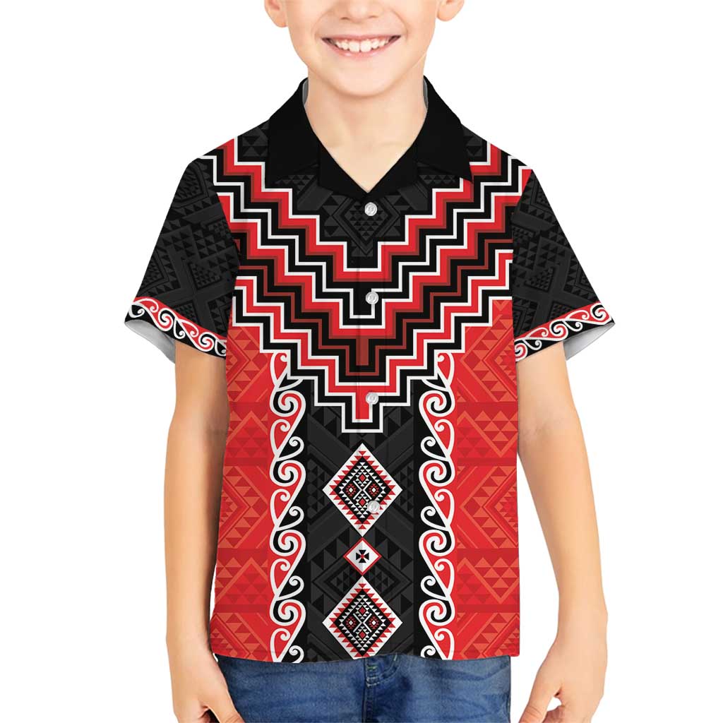 Red Niho Taniwha Mix Poutama Family Matching Puletasi and Hawaiian Shirt Unique Taniko Aotearoa LT01 Son's Shirt Red - Polynesian Pride