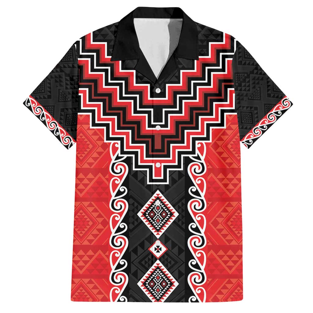 Red Niho Taniwha Mix Poutama Family Matching Summer Maxi Dress and Hawaiian Shirt Unique Taniko Aotearoa LT01 Dad's Shirt - Short Sleeve Red - Polynesian Pride