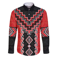 Red Niho Taniwha Mix Poutama Family Matching Summer Maxi Dress and Hawaiian Shirt Unique Taniko Aotearoa LT01 Dad's Shirt - Long Sleeve Red - Polynesian Pride