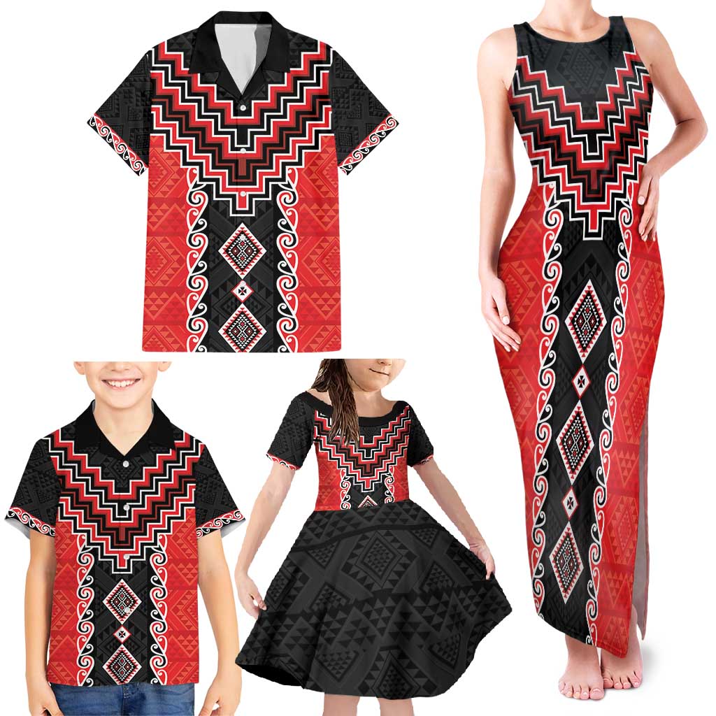 Red Niho Taniwha Mix Poutama Family Matching Tank Maxi Dress and Hawaiian Shirt Unique Taniko Aotearoa LT01 - Polynesian Pride
