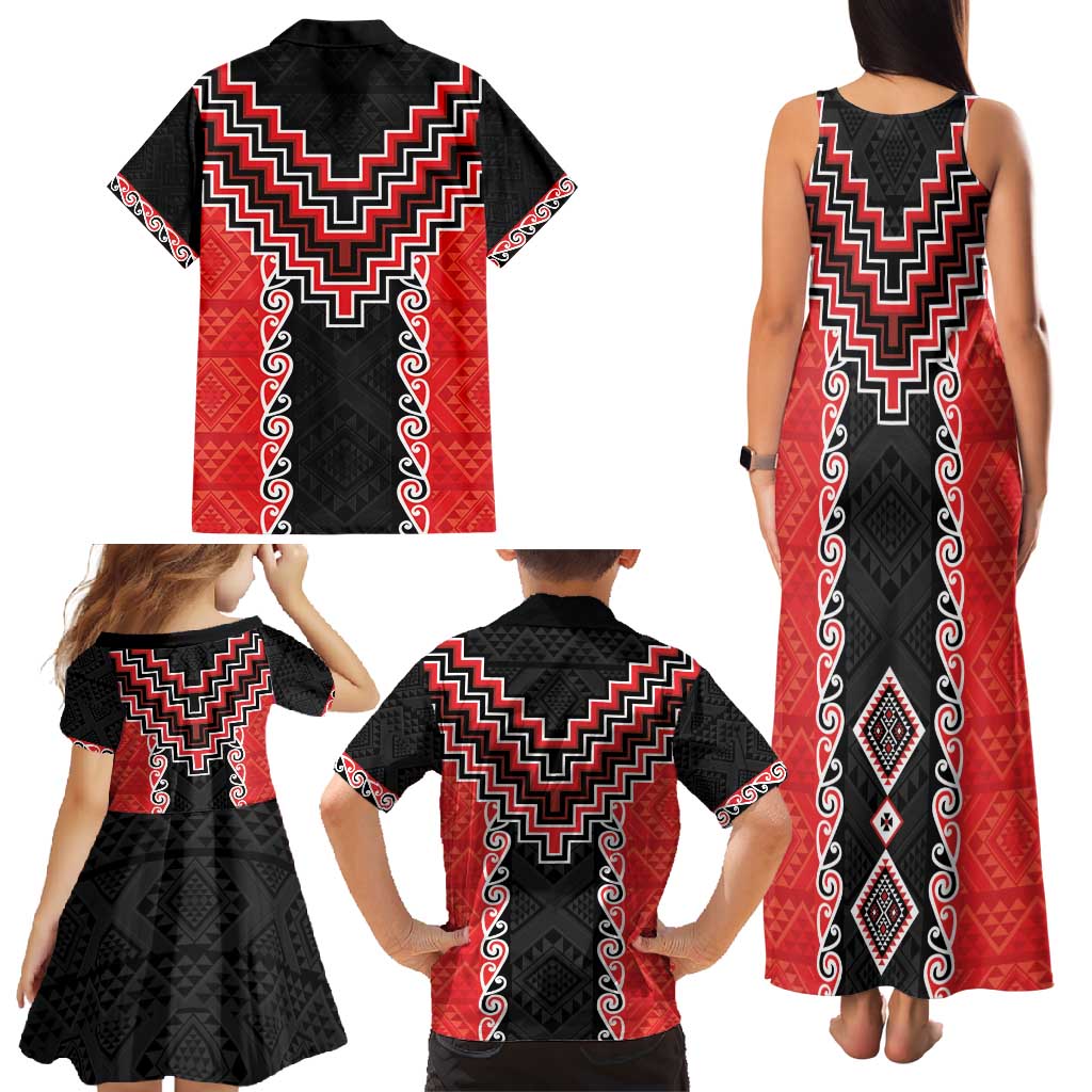 Red Niho Taniwha Mix Poutama Family Matching Tank Maxi Dress and Hawaiian Shirt Unique Taniko Aotearoa