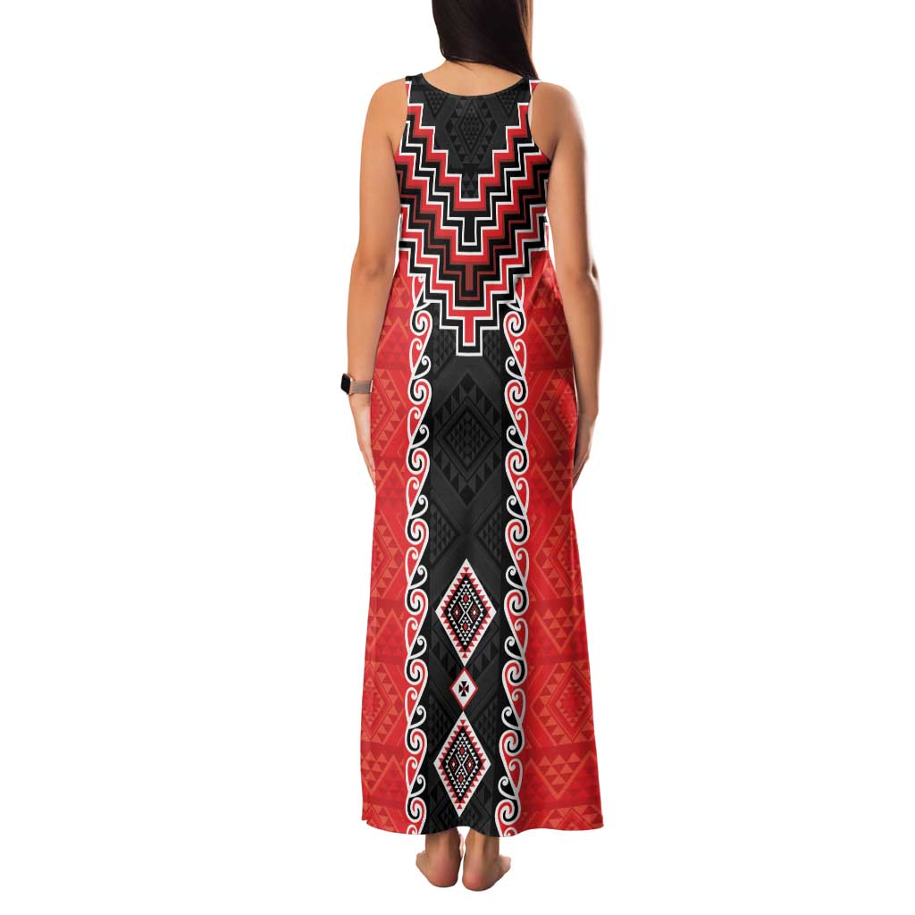 Red Niho Taniwha Mix Poutama Family Matching Tank Maxi Dress and Hawaiian Shirt Unique Taniko Aotearoa
