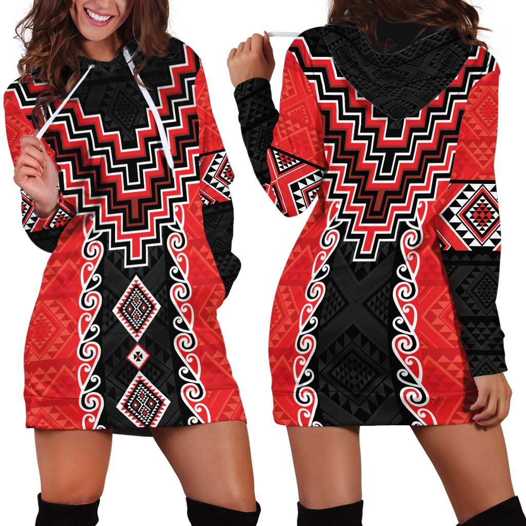 Red Niho Taniwha Mix Poutama Hoodie Dress Unique Taniko Aotearoa