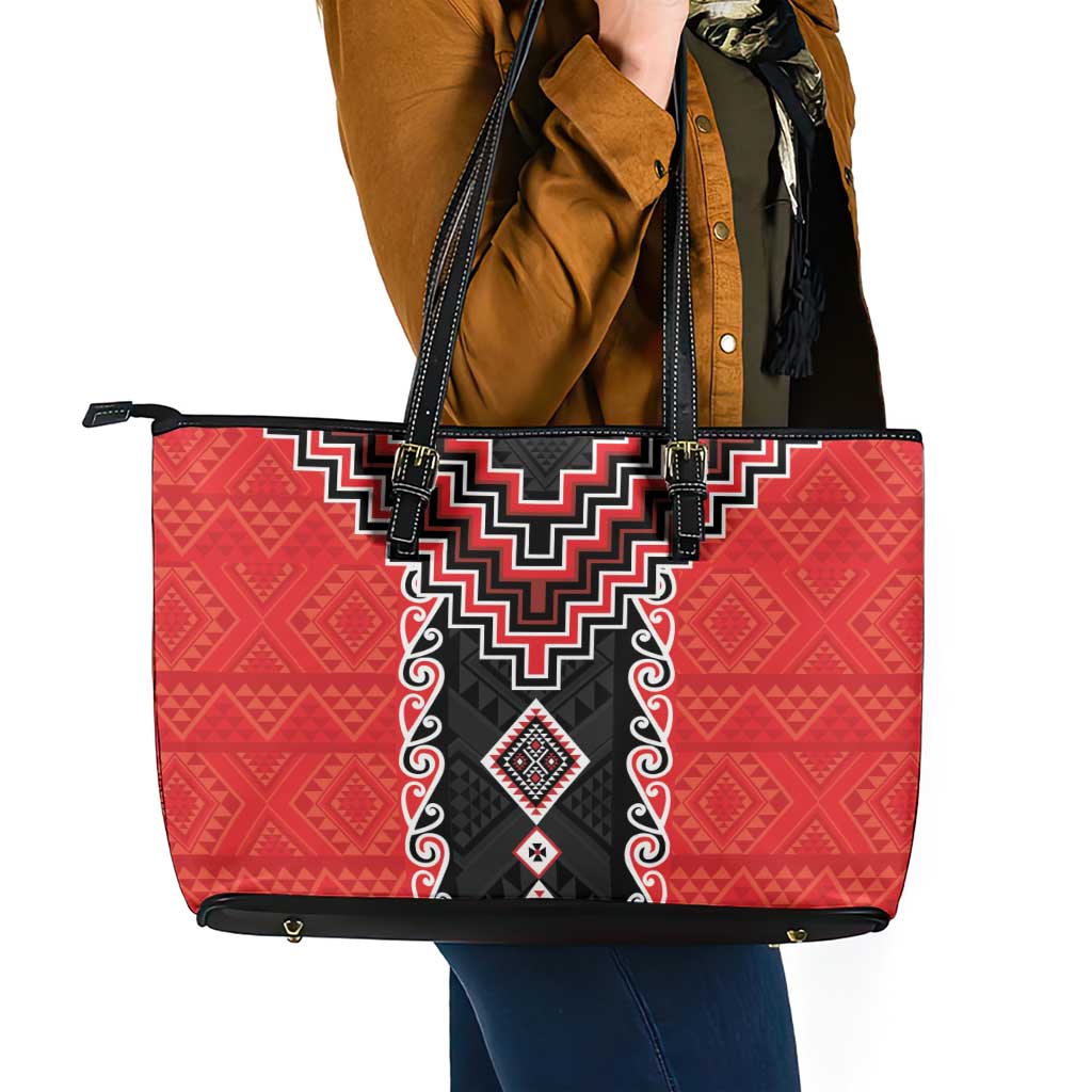 Red Niho Taniwha Mix Poutama Leather Tote Bag Unique Taniko Aotearoa LT01 - Polynesian Pride