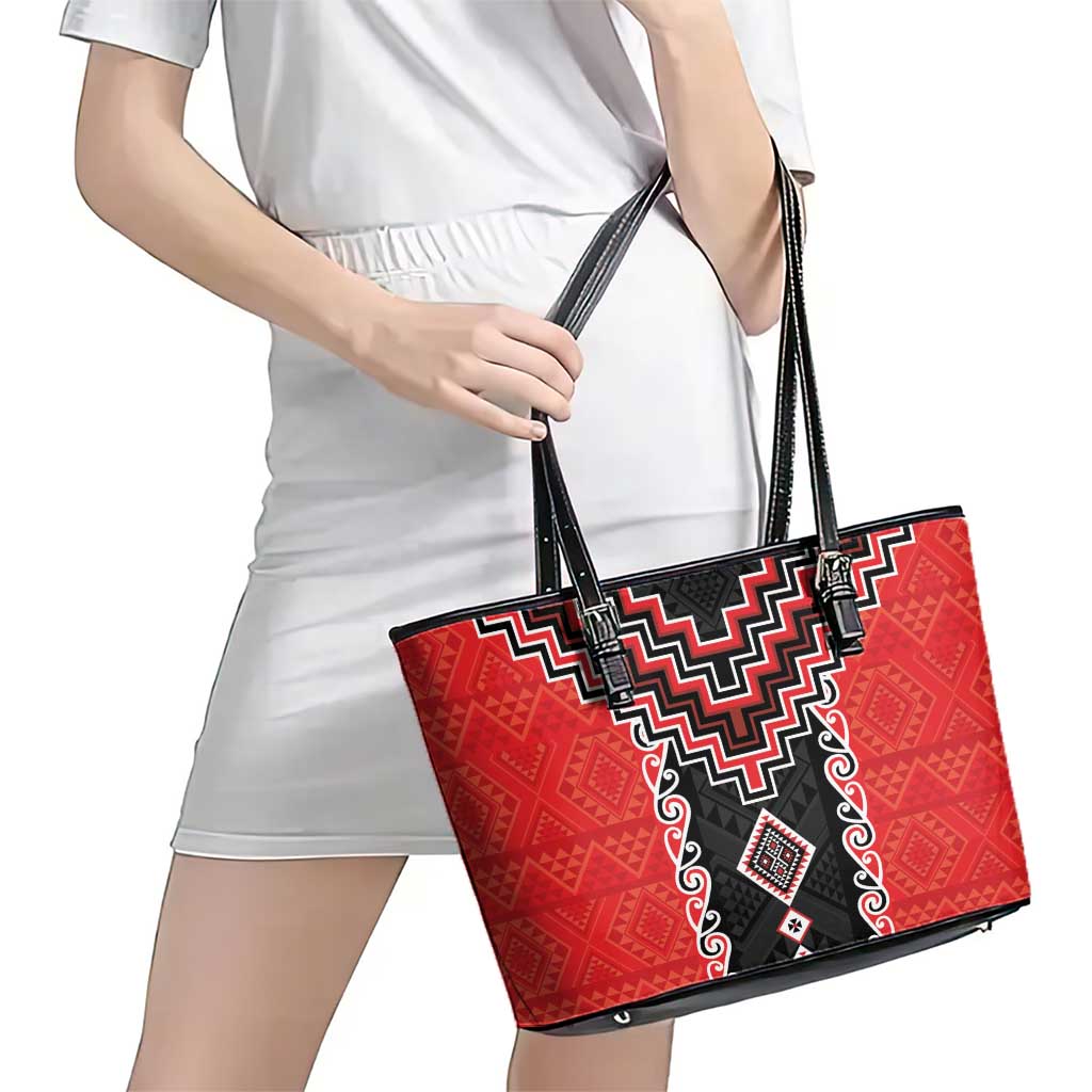 Red Niho Taniwha Mix Poutama Leather Tote Bag Unique Taniko Aotearoa LT01 - Polynesian Pride
