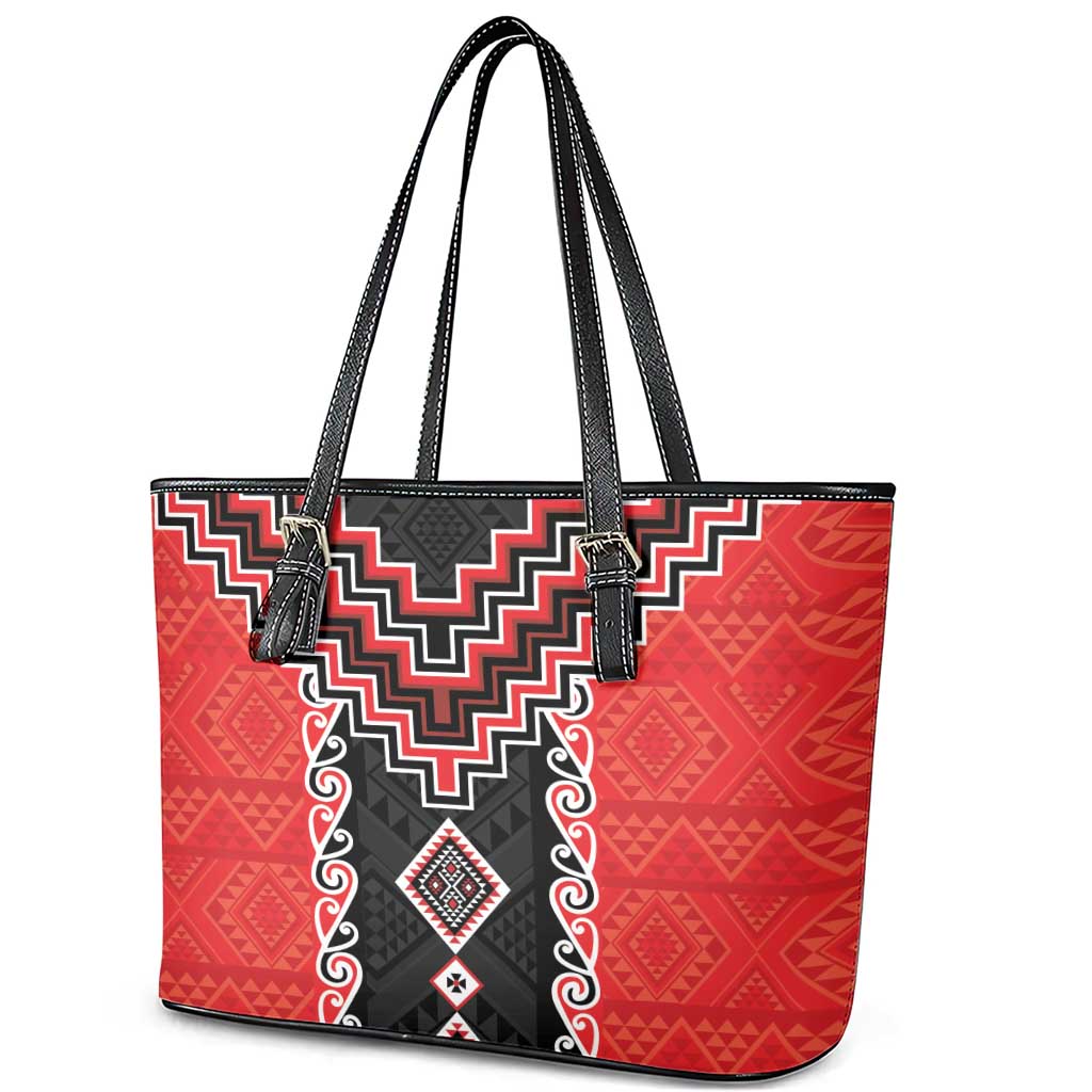 Red Niho Taniwha Mix Poutama Leather Tote Bag Unique Taniko Aotearoa LT01 - Polynesian Pride