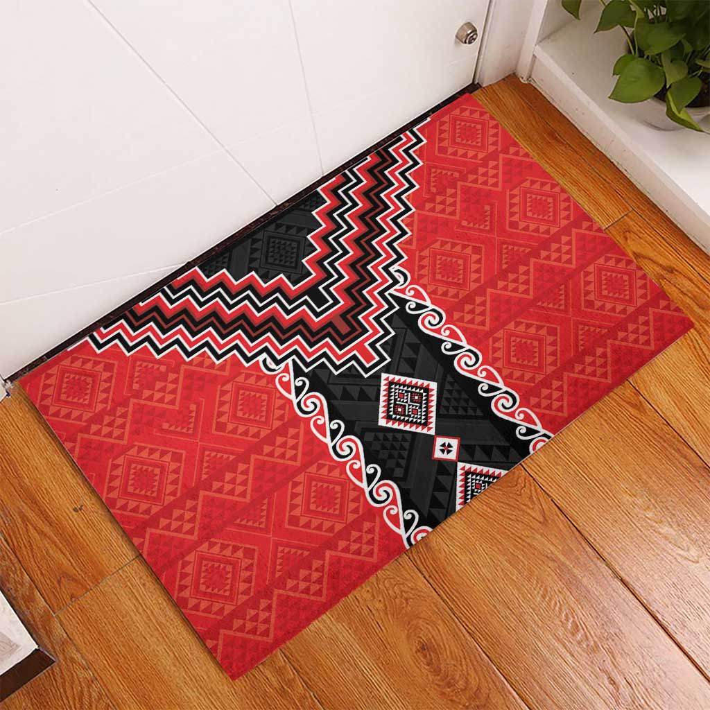 Red Niho Taniwha Mix Poutama Rubber Doormat Unique Taniko Aotearoa LT01 - Polynesian Pride