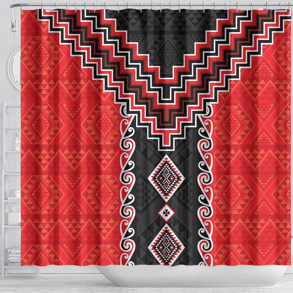 Red Niho Taniwha Mix Poutama Shower Curtain Unique Taniko Aotearoa